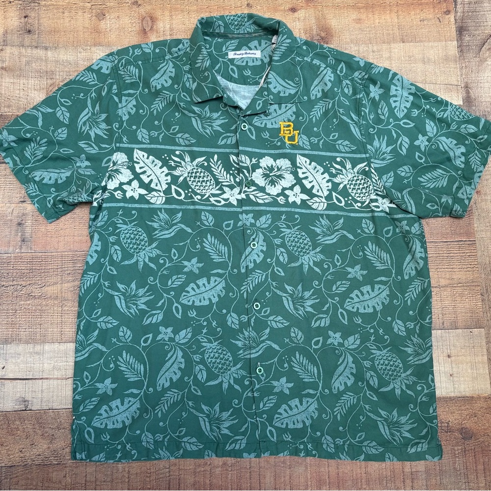 NWOT 100%Silk University of Baylor Tommy Bahama Green Floral Hawaiian Shirt